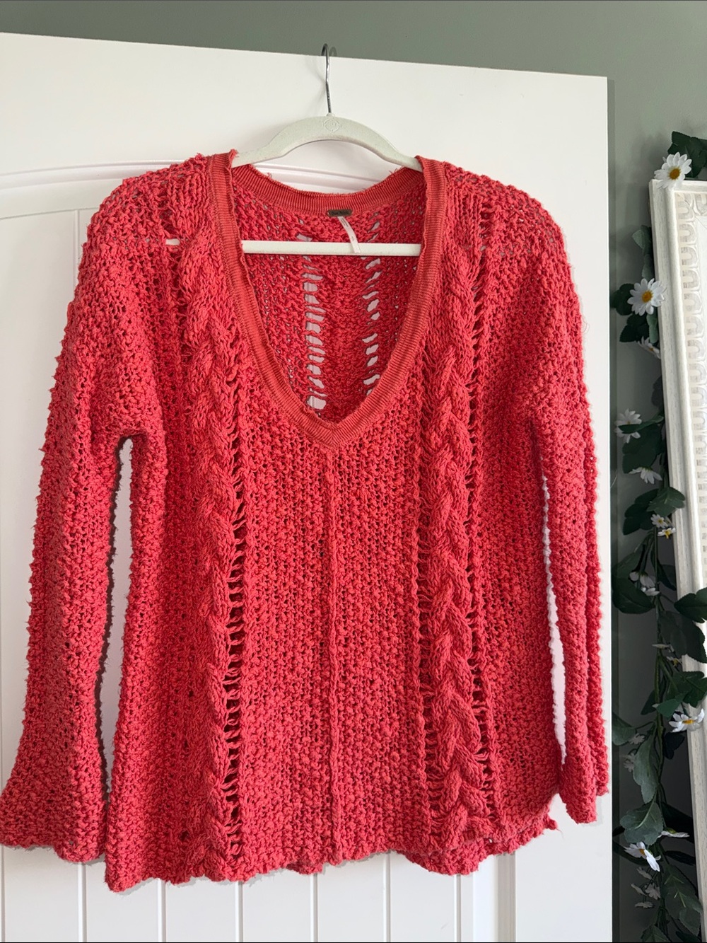 Free People Coral Open-Knit V-Neck Sweater - Small